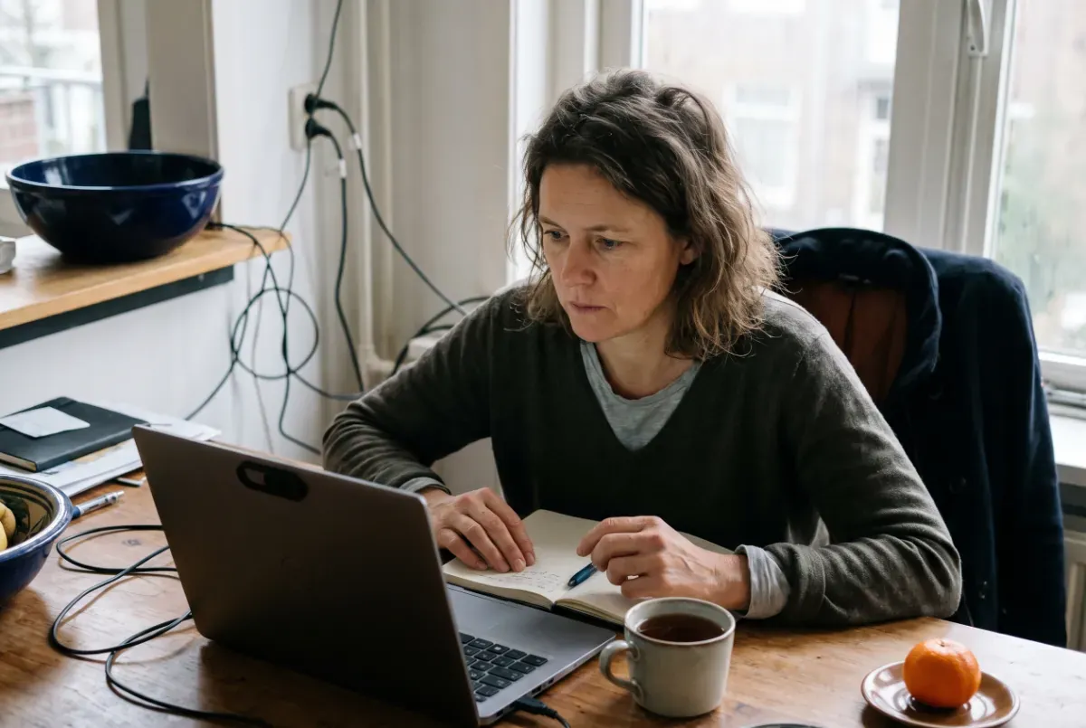 Deelnemer aan het webinar achter de laptop, webcam afgedekt