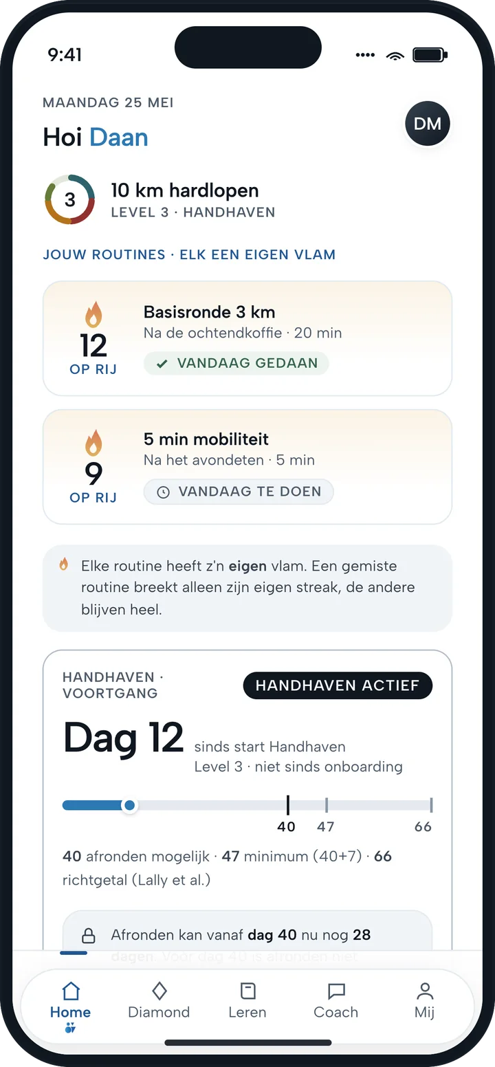 Het startscherm van de app: je routines, je streaks en je voortgang